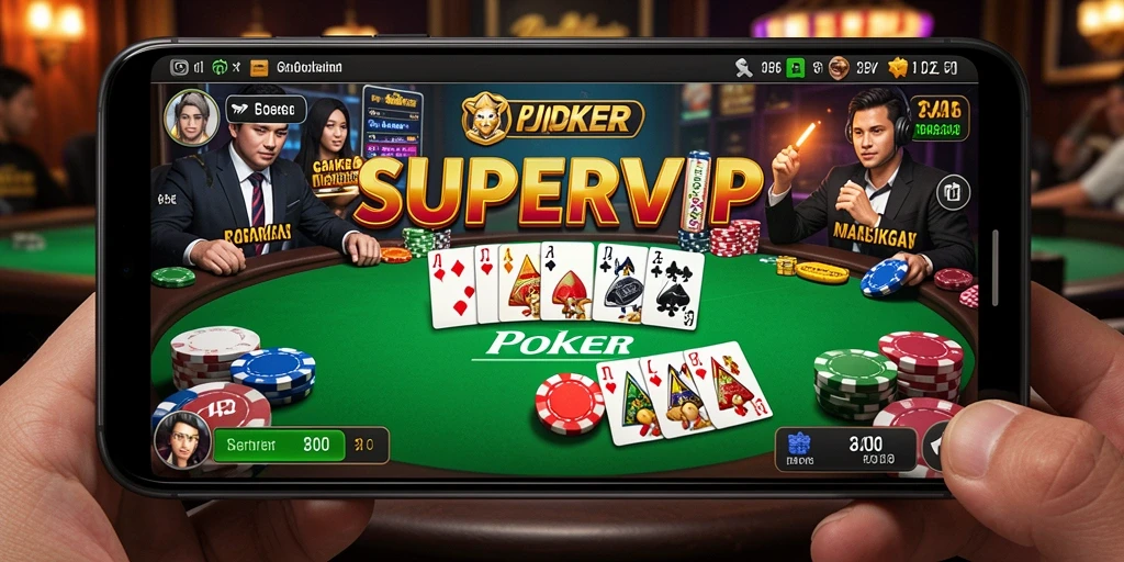 Screenshot SUPERVIP menampilkan suasana meja Poker yang mendebarkan.